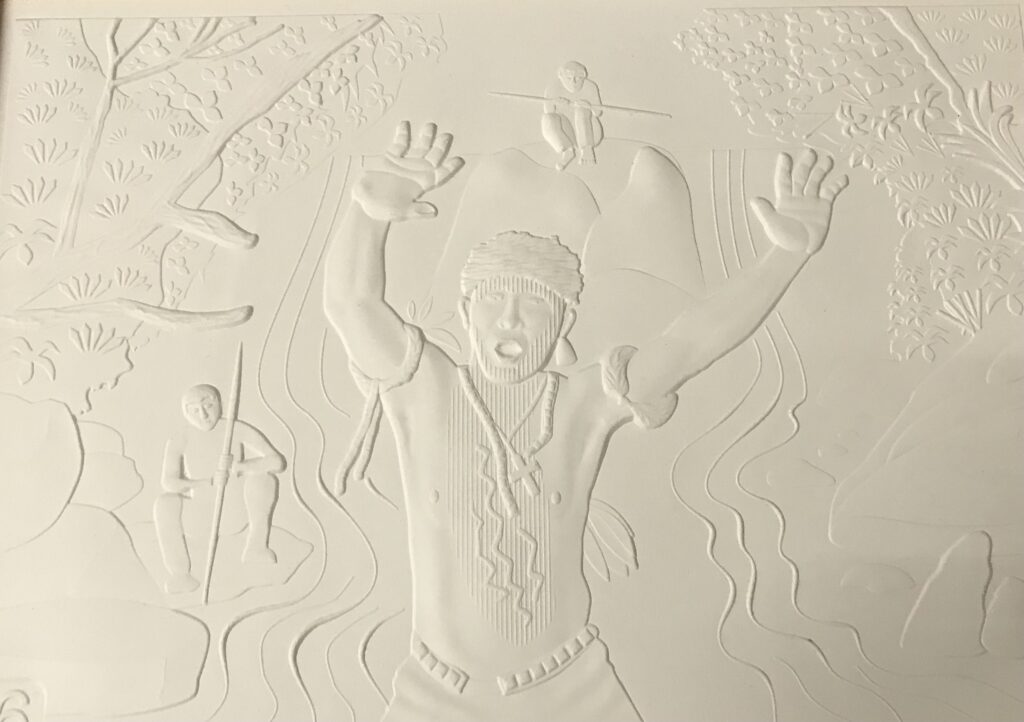 Image tactile blanche en 2D représentant le chaman Angelo Barcelos.